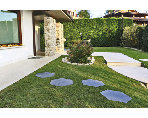 Jardin aménagé avec pelouse et allée de dalles en pierre