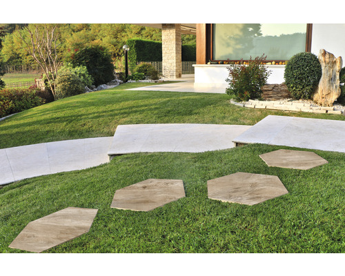 Aménagement paysager avec pelouse et chemin de dalles en pierre