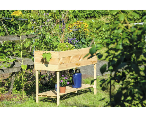 Jardinière sur pieds en bois avec plantes et arrosoir dans le jardin