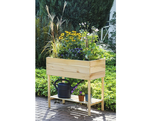 Jardinière sur pieds en bois avec plantes et arrosoir