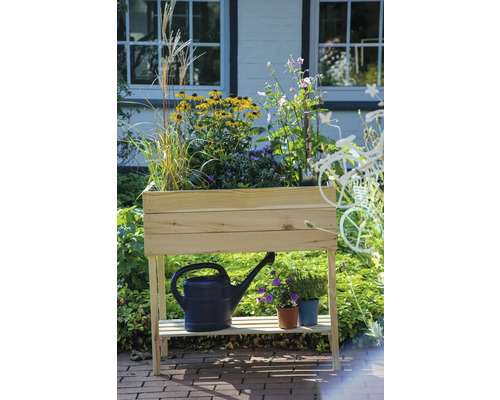 Table de plantation en bois avec fleurs, arrosoir et pots dans le jardin