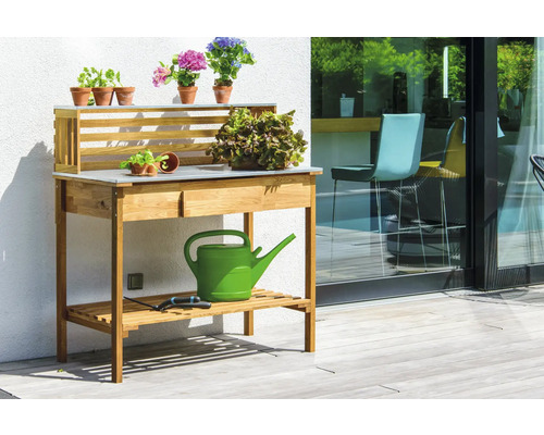 Table de jardin avec plan de travail, étagère et pots de fleurs