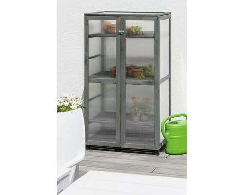 Gewächshaus mit Regalen, Pflanzen und Giesskanne auf einer Terrasse