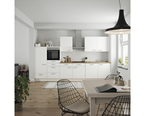 Luxemburg Küchenzeile inkl. Einbaugeräte Nobilia weiß LAURUS elements matt weiß Korpusfarbe HORNBACH Urban Frontfarbe cm 360 -