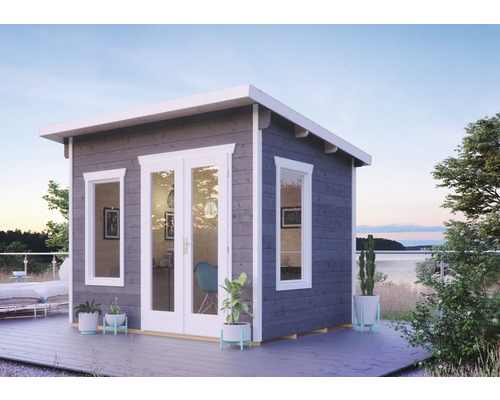 Abri de jardin SKAN HOLZ Solna avec plancher 330 x 265 cm ardoise Abri de jardin avec fenêtres et porte double sur une terrasse