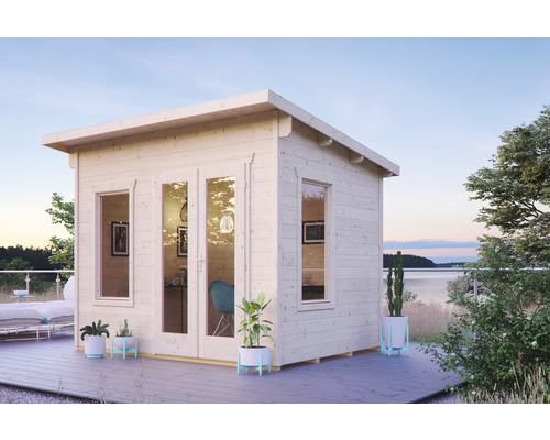 Abri de jardin SKAN HOLZ Solna avec plancher 330 x 265 cm naturel Maison de jardin en bois avec fenêtres et portes vitrées sur une terrasse