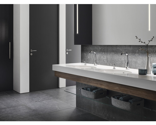 Modernes Badezimmer mit Doppelwaschbecken, Armaturen und Ablageflächen.