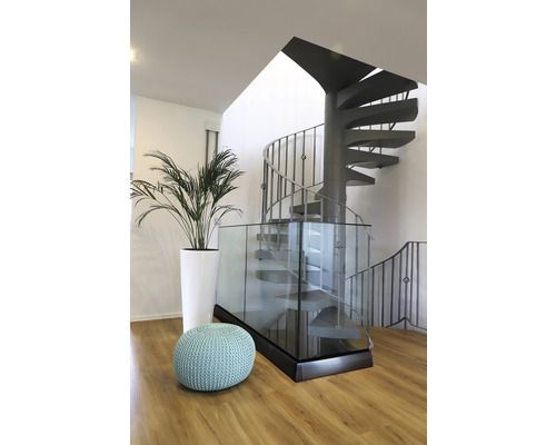 Ambiance intérieure avec escalier en colimaçon, plante et pouf