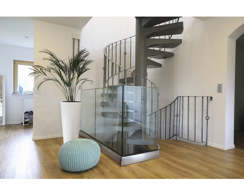 Hall d''entrée lumineux avec escalier en colimaçon, plante en pot et pouf