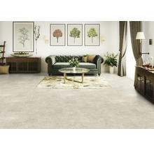 Salon avec canapé vert, tapis et revêtement de sol clair.