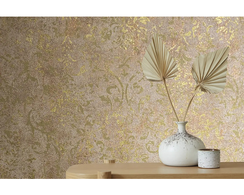 Papier peint intissé 34295 City Glow ornement marron or Papier peint décoratif à motifs et vases sur table