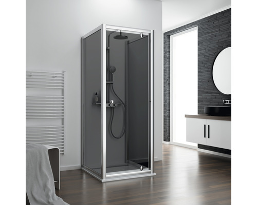 Seitenwand für Duschtür mit SCHULTE 90 cm Profil chrom Glasdekor Grau Reversibel