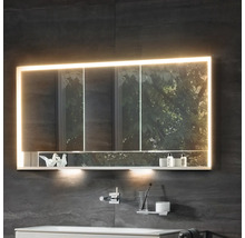 Armoire de toilette éclairée dans une salle de bains avec étagère pour les articles de toilette.