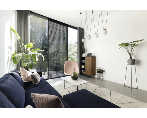 Salon avec canapé, fauteuil, armoire et plantes