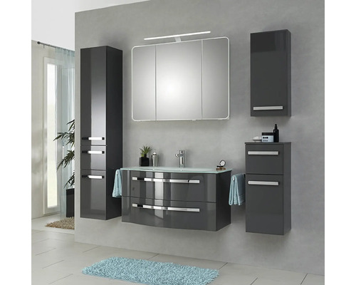 Modernes Badezimmerensemble mit Waschtisch, Spiegelschrank und Hochschrank