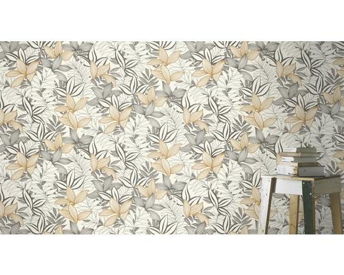 Tapete mit Blattmuster in Gold und Grau