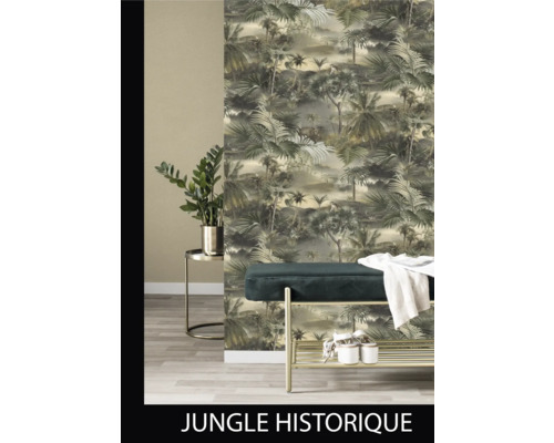 Pièce avec papier peint photo jungle, banc et table d''appoint