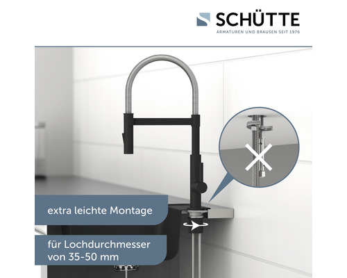 Schwarze Küchenarmatur mit Installationsdetails