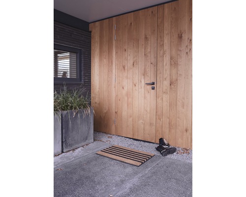 Espace d''entrée avec porte en bois, paillasson et bacs à plantes