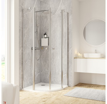 Salle de bains avec douche d''angle, lavabo et miroir
