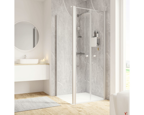 Porte de douche avec paroi latérale avec porte battante SCHULTE 80 x 80 cm profilé aluminium verre transparent tirant gauche butée de paroi latérale droite