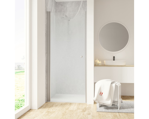 Porte de douche pour niche avec porte pivotante SCHULTE 90 cm profilé aluminium décor verre brouillard tirant gauche Porte de douche pour niche avec porte pivotante SCHULTE 90 cm profilé aluminium décor verre brouillard tirant gauche