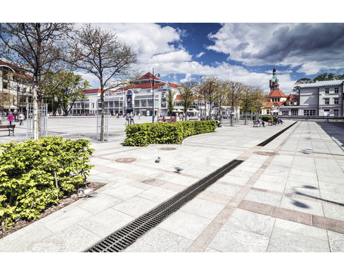 Platz mit Entwässerungsrinne, Bäumen und Gebäuden