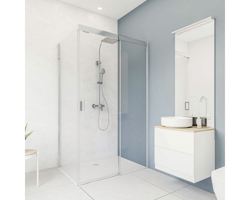 Salle de bain moderne avec cabine de douche, lavabo et miroir