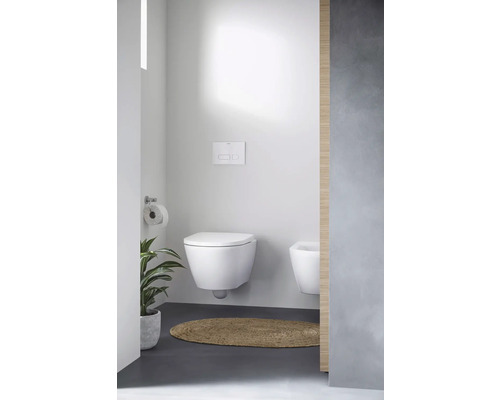 Salle de bains lumineuse avec WC suspendu, bidet et tapis en sisal