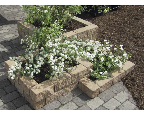 Jardinières en pierre avec fleurs et plantes dans le jardin