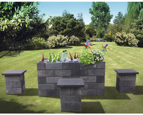 Ensemble de sièges bar-glacier Eleganca gris anthracite 180 cm x 80 cm x 82,5 cm Bar de jardin en blocs de béton avec boissons et tables d''appoint dans le jardin.