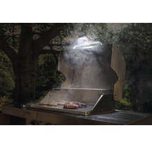 Grill avec aliments et éclairage de barbecue devant un décor de jardin