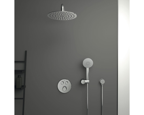 Système de douche apparent avec douche de tête, douchette à main et thermostat
