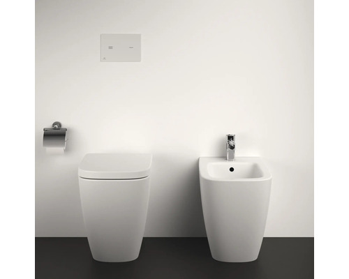 Keramik Toilette und Bidet mit Spülkasten und Toilettenpapierhalter im Badezimmer