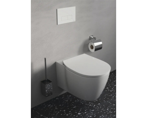 Wandhängendes WC mit Toilettenbürste, Spülkasten und Toilettenpapierhalter in einem Badezimmer