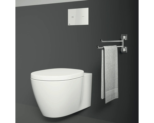 Wandhängendes WC mit Betätigungsplatte und Handtuchhalter im Badezimmer.