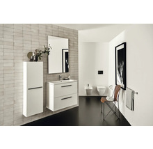 Salle de bains claire avec meuble sous-lavabo, armoire de toilette et toilettes