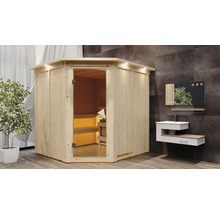 Sauna d''intérieur en bois avec porte en verre et lavabo dans la salle de bain