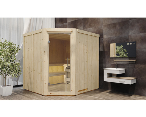 Elementsauna Karibu Jarina inkl. 9 kW Bio Ofen u.ext.Steuerung ohne Dachkranz mit Ganzglastüre aus Klarglas Ecksauna aus Holz mit Glastür und Badmöbel
