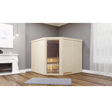 Ecksauna aus Holz mit Glastür in einem hellen Raum