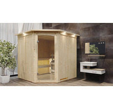 Holzsauna mit Glastür und Badezimmereinrichtung