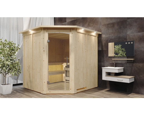Holzsauna mit Glastür und Badezimmereinrichtung
