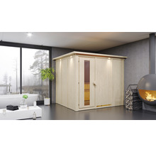 Helle Holzsauna mit Glastür in einem Badezimmer mit Badewanne und Kamin.