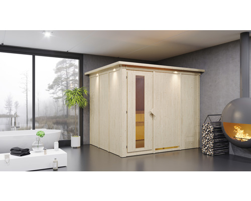 Sauna modulaire Karibu Gobina avec poêle 9 kW et commande intégrée avec couronne et porte en bois avec verre à isolation thermique