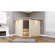 Ecksauna aus Holz mit Glastür in einem Wohnraum.