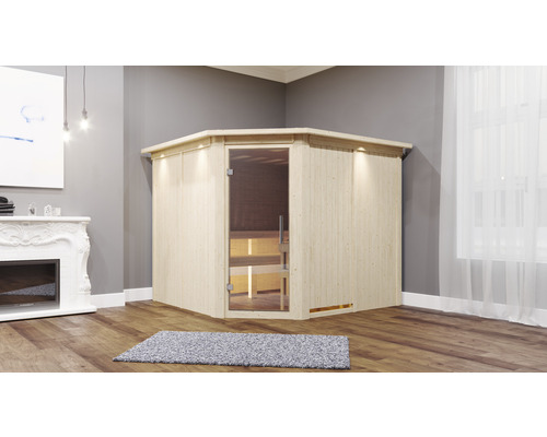 Sauna modulaire Karibu Malina avec poêle bio 9 kW et commande externe avec couronne et porte entièrement vitrée transparente