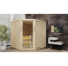 Ecksauna aus Holz mit Glastür in einem Badezimmer