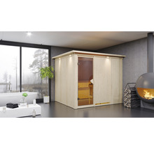 Scène de salle de bains moderne avec sauna en bois, baignoire et cheminée