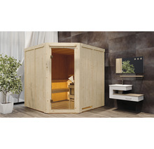 Ecksauna aus Holz mit Glastür in einem Badezimmer