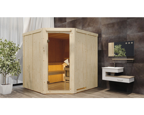 Sauna d'angle en bois avec porte en verre dans une salle de bain